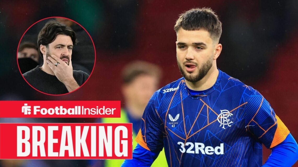 Nicolas Raskin in a warm-up for Rangers, with Russell Martin in a circular inset