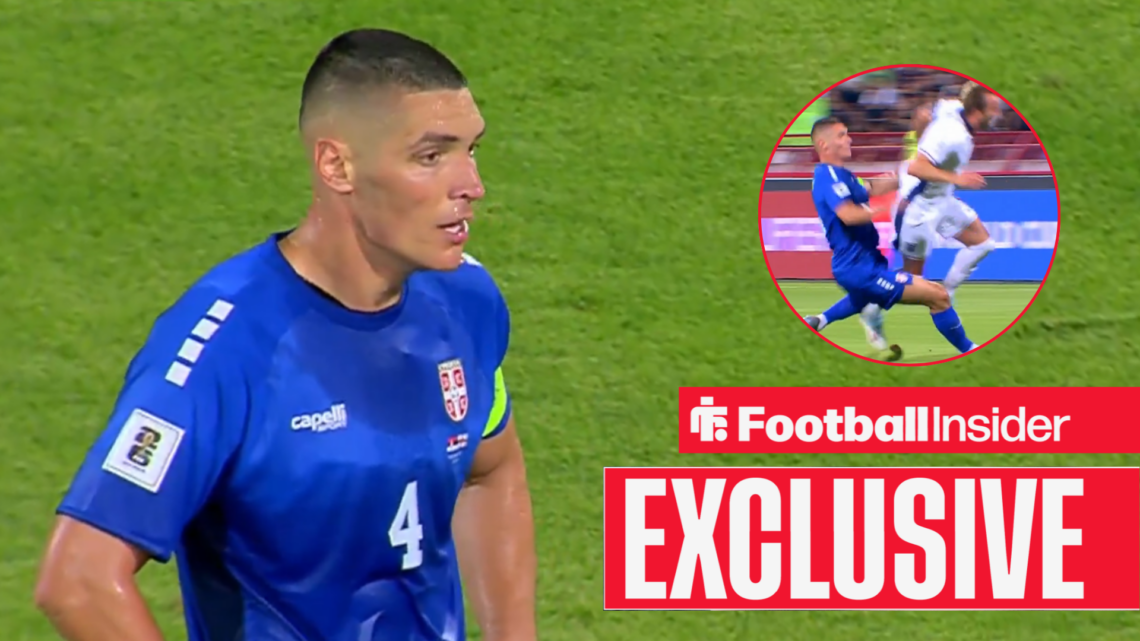 Nikola Milenkovic in Serbia vs England, his challenge on Harry Kane in a circular inset