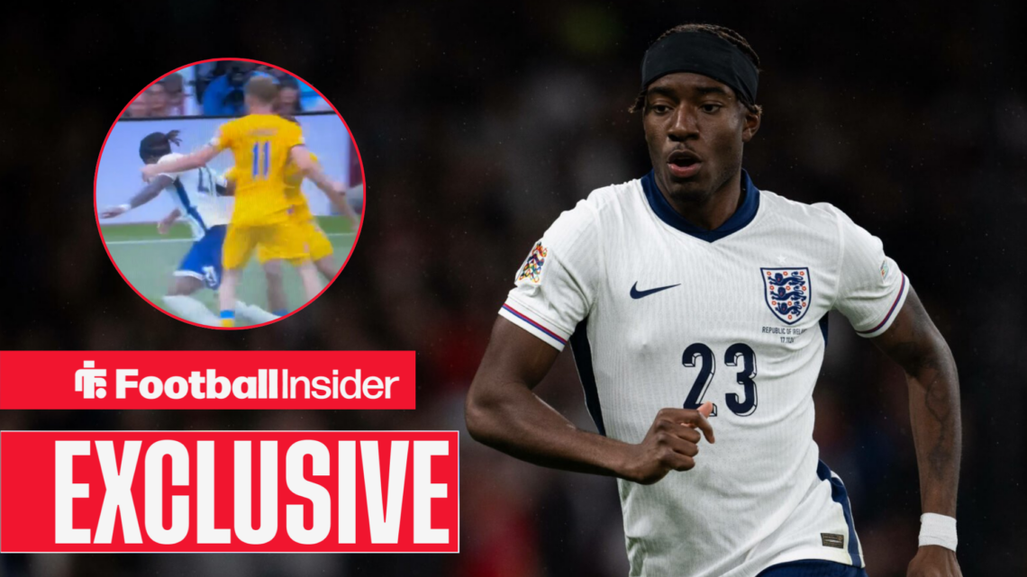 Noni Madueke in an England kit, winger falls over in penalty area in a circular inset