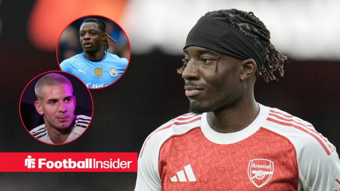 Noni Madueke in an Arsenal kit, Jeremy Doku and Franco Mastantuono in circular inset