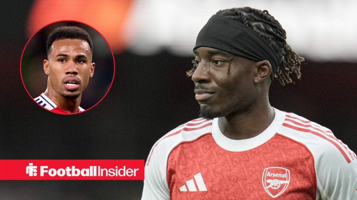 Noni Madueke in action for Arsenal alongside a circular inset of Gabriel