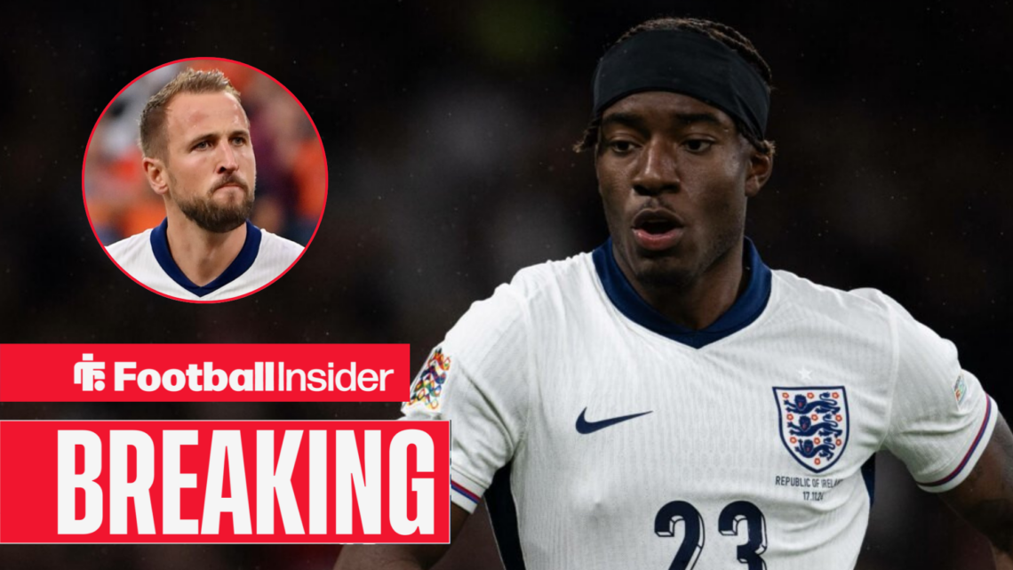 Noni Madueke in action for England looking at Harry Kane who looks confused in an England shirt left inset