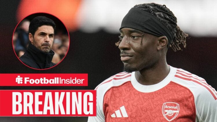 Arsenal winger Noni Madueke alongside a circular inset of manager Mikel Arteta