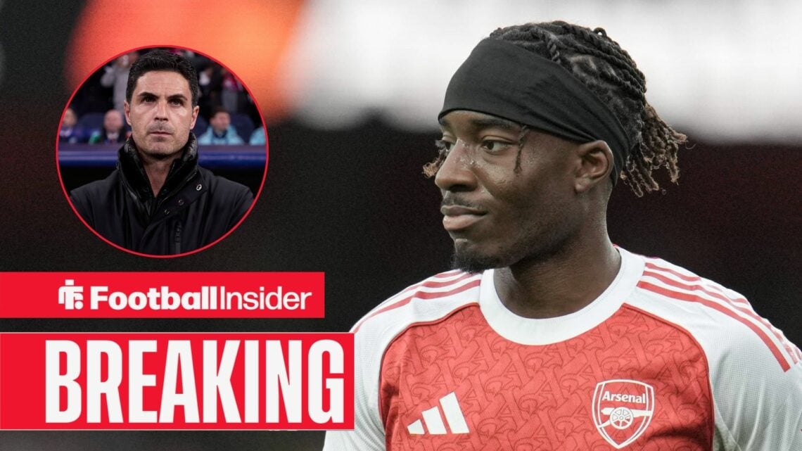 Noni Madueke in an Arsenal shirt, Mikel Arteta in a circular inset