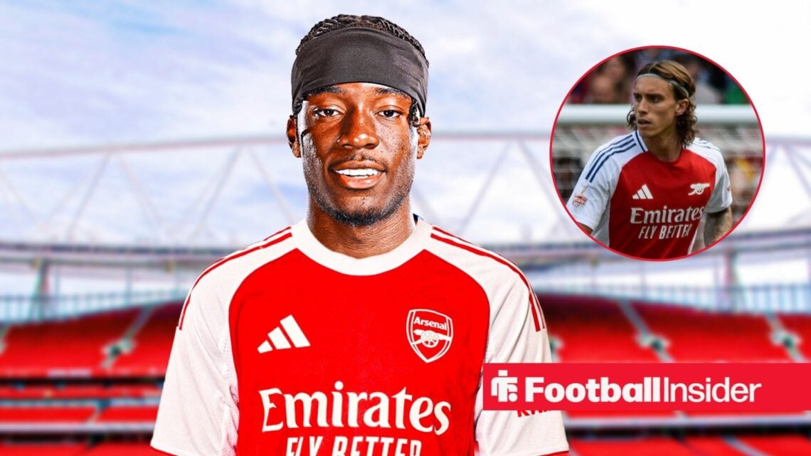 Noni Madueke in an Arsenal home shirt alongside an image of Riccardo Calafiori