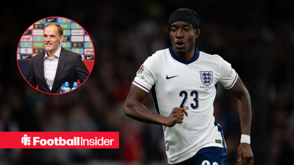 Noni Madueke in a white England kit and Thomas Tuchel in a black suit in a red circle