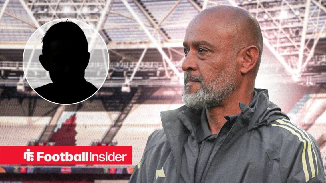 Nuno Espirito Santo at the London Stadium, Craig Dawson's silhouette in a circular inset