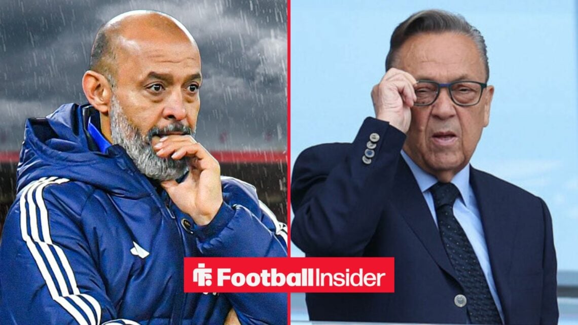 Nuno Espirito Santo in the rain at the City Ground, with David Sullivan in a circular inset