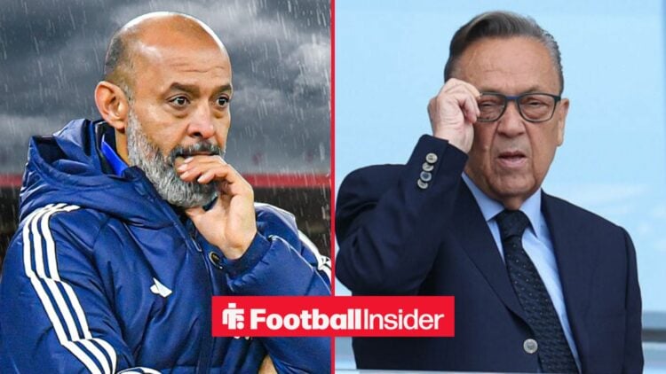 Nuno Espirito Santo in the rain at the City Ground, with David Sullivan in a circular inset