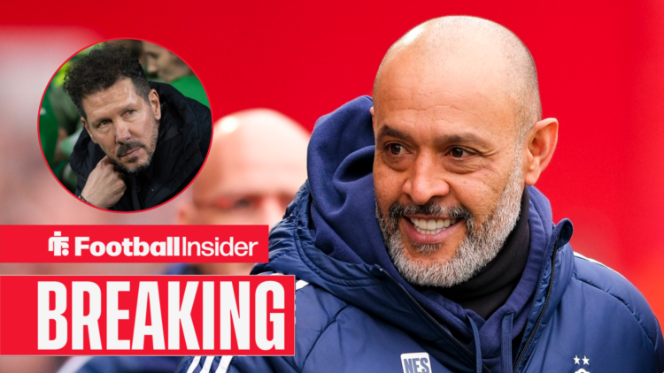 Nuno Espirito Santo smiling at the City Ground, Diego Simeone in circular inset