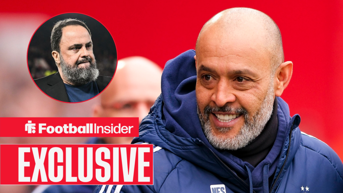 Nottingham Forest boss Nuno Espirito Santo smiles on the touchline facing club co-owner Evangelos Marinakis who looks back at him left inset