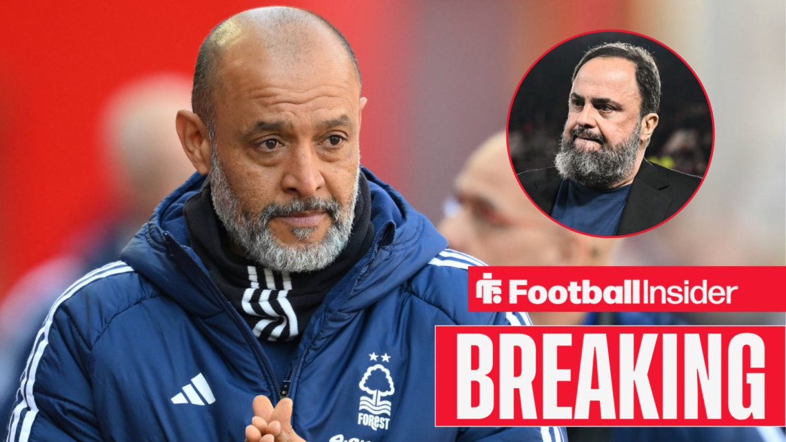 Nottingham Forest manager Nuno Espirito Santo looks ahead concerned with co-owner Evangelos Marinakis looking at him right inset