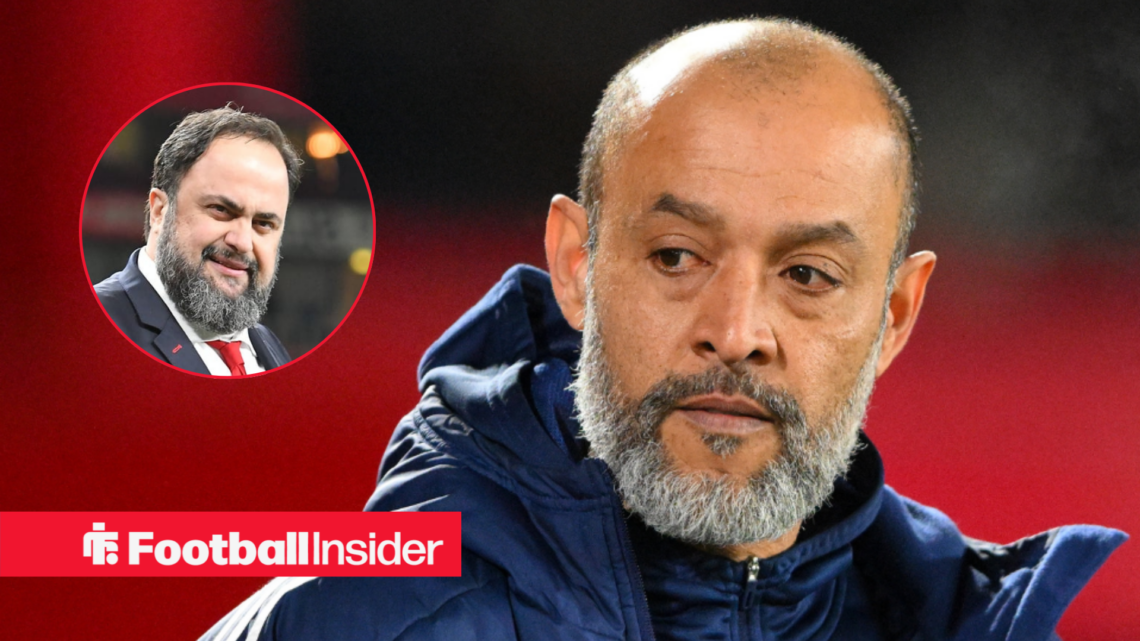 Former Nottingham Forest boss Nuno Espirito Santo looking concerningly at Forest owner Evangelos Marinakis who smiles left inset