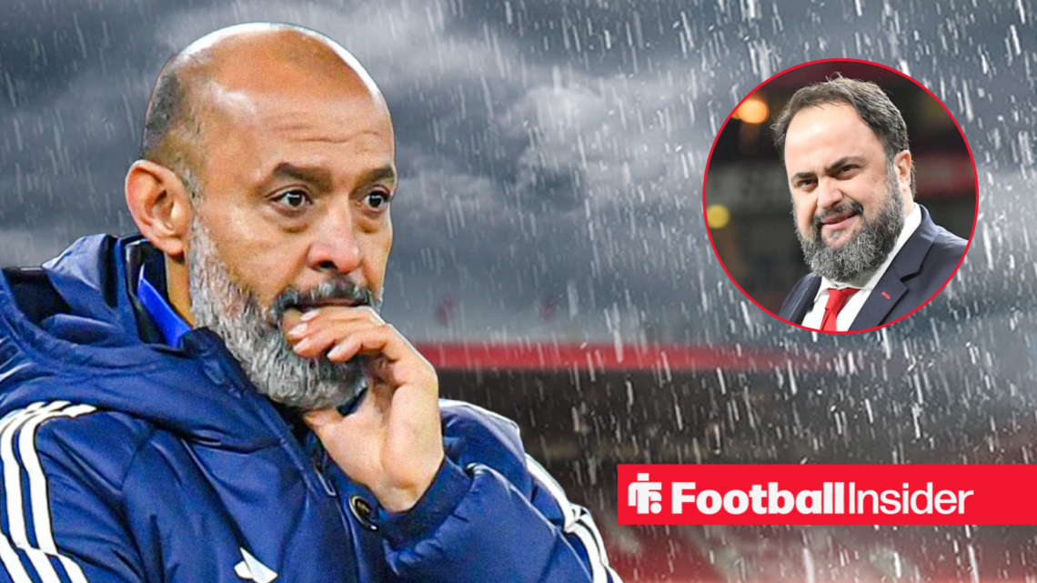 Nuno Espirito Santo looking concerned in the rain alongside a circular inset of Nottingham Forest owner Evangelos Marinakis
