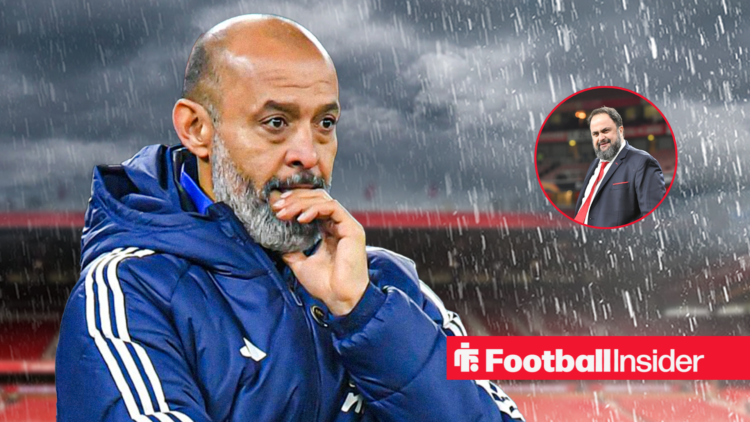 Nuno Espirito Santo looking worried alongside an image of Evangelos Marinakis in a circular frame