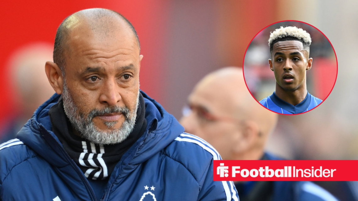 Nottingham Forest manager Nuno Espirito Santo alongside a circular inset of Omari Hutchinson