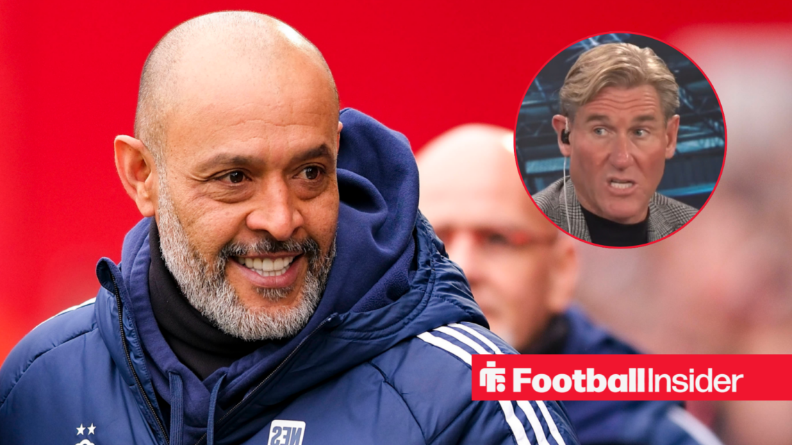 Nuno Espirito Santo smiling as Nottingham Forest boss with pundit Simon Jordan speaking on talksport right inset