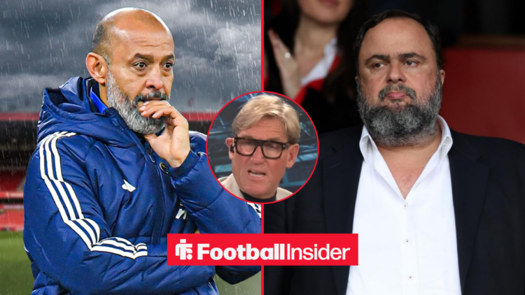 Nuno Espirito Santo on the left in front of a rainy City Ground looking tenative with Evangelos Marinakis on the right with his lips pursed and Sim...