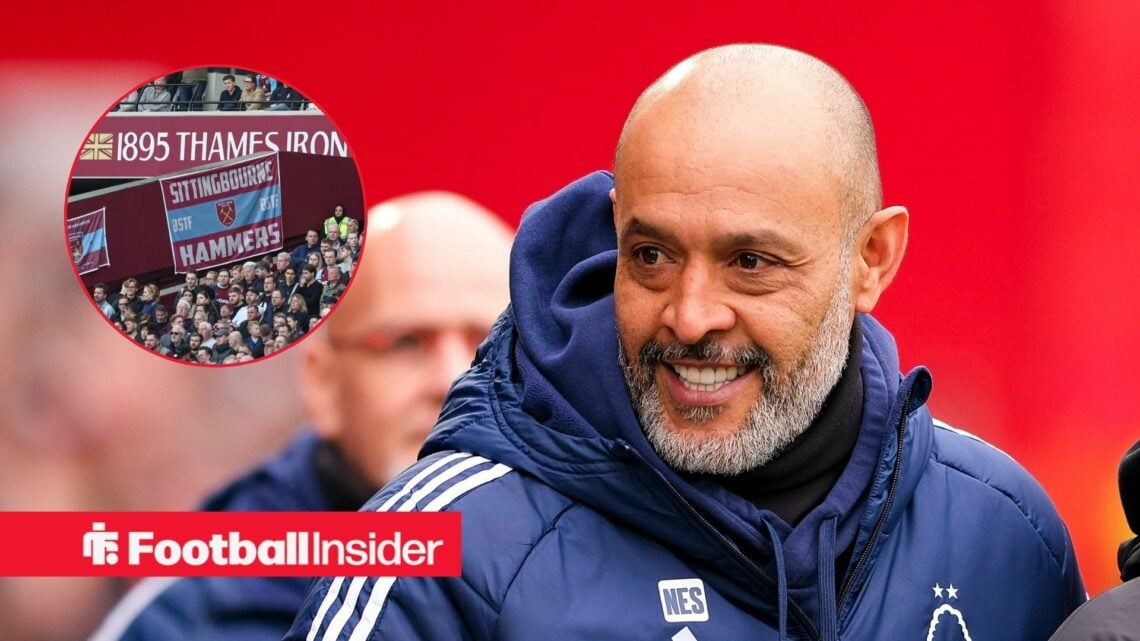 Nuno Espirito Santo smiling and West Ham United fans in inset