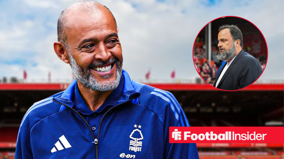 Nuno Espirito Santo grins at Nottingham Forest owner Evangelos Marinakis in a circular inset