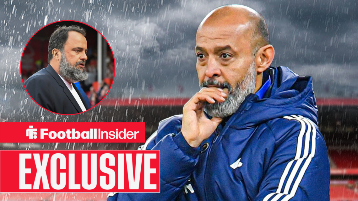 Nuno standing in the rain, Marinakis in a circular inset