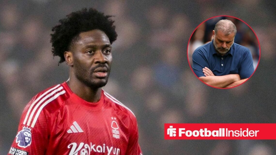 Ola Aina in Nottingham Forest home shirt with distraught Ange Postecoglou inset