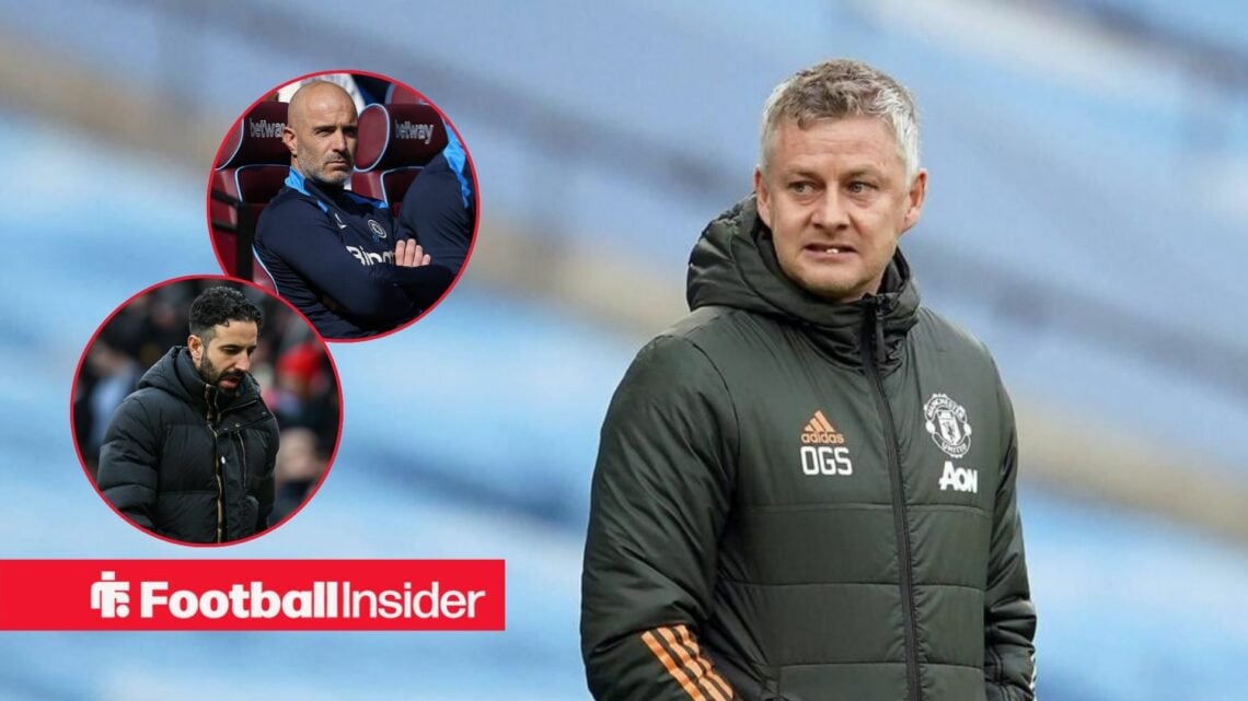 Ole Gunnar Solskjaer chewing gum in a grey coat and Ruben Amorim and Enzo Maresca in insets