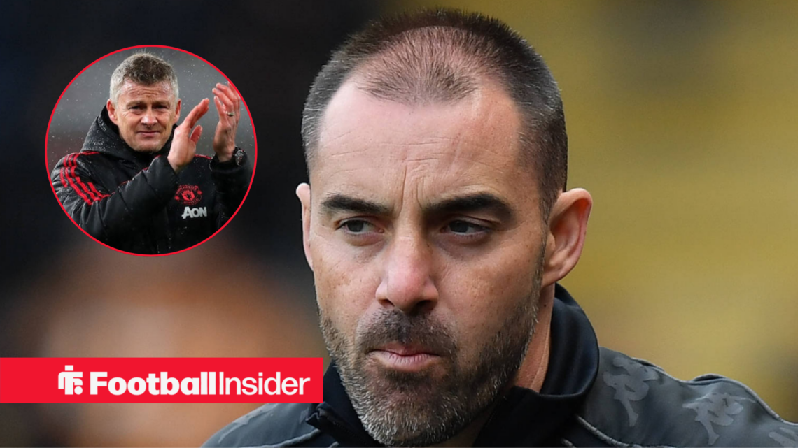 Ole Gunnar Solakjaer applauding in a circular frame within an image of Sheffield United boss Ruben Selles