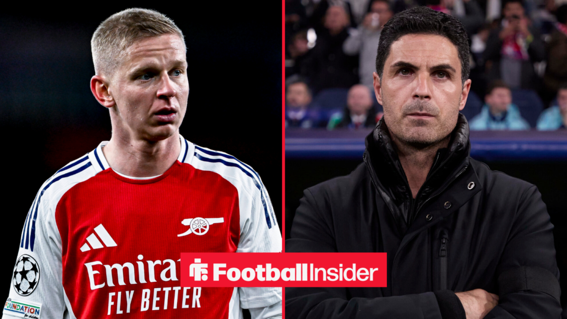 Oleksandr Zinchenko in an Arsenal shirt alongside Mikel Arteta with his arms folded