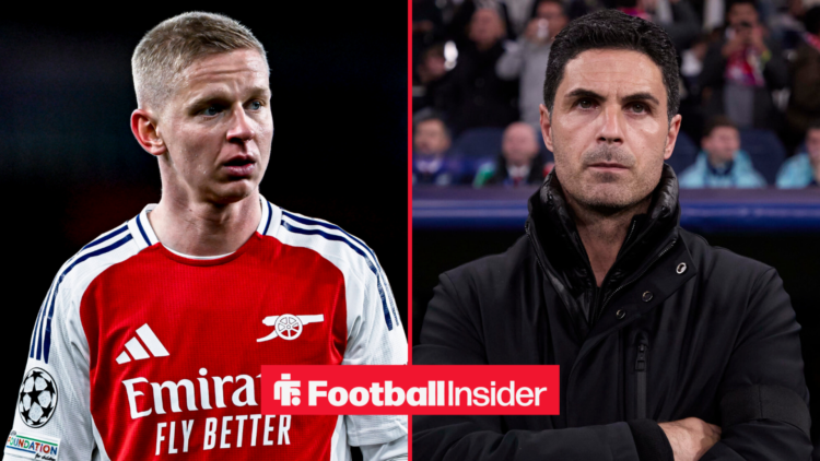 Oleksandr Zinchenko in an Arsenal shirt alongside Mikel Arteta with his arms folded