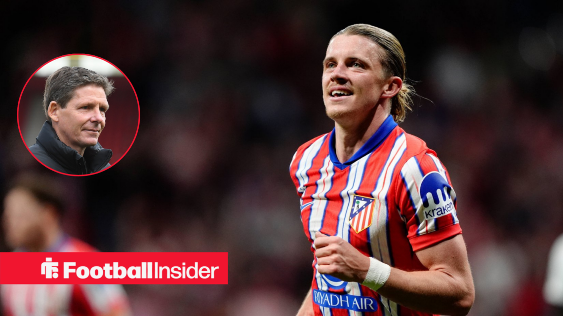 Crystal Palace boss Oliver Glasner in a circular frame alongside an image of Atletico Madrid star Conor Gallagher