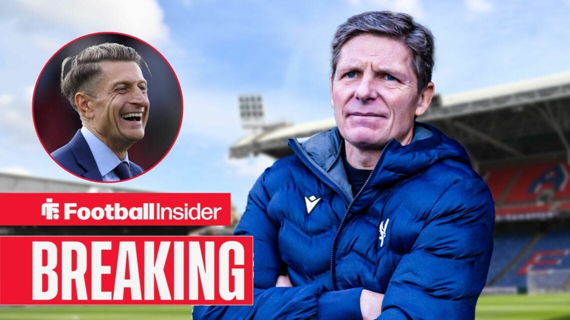 Oliver Glasner with his arms crossed at Selhurst Park, with Steve Parish in a circular inset