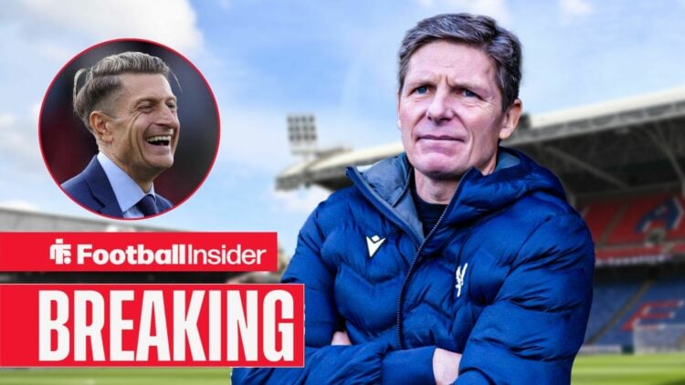 Oliver Glasner with his arms crossed at Selhurst Park, with Steve Parish in a circular inset