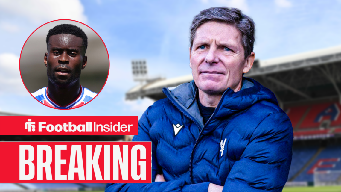 Crystal Palace boss Oliver Glasner with his arms folded at Selhurst Park, and Marc Guehi in a circular inset