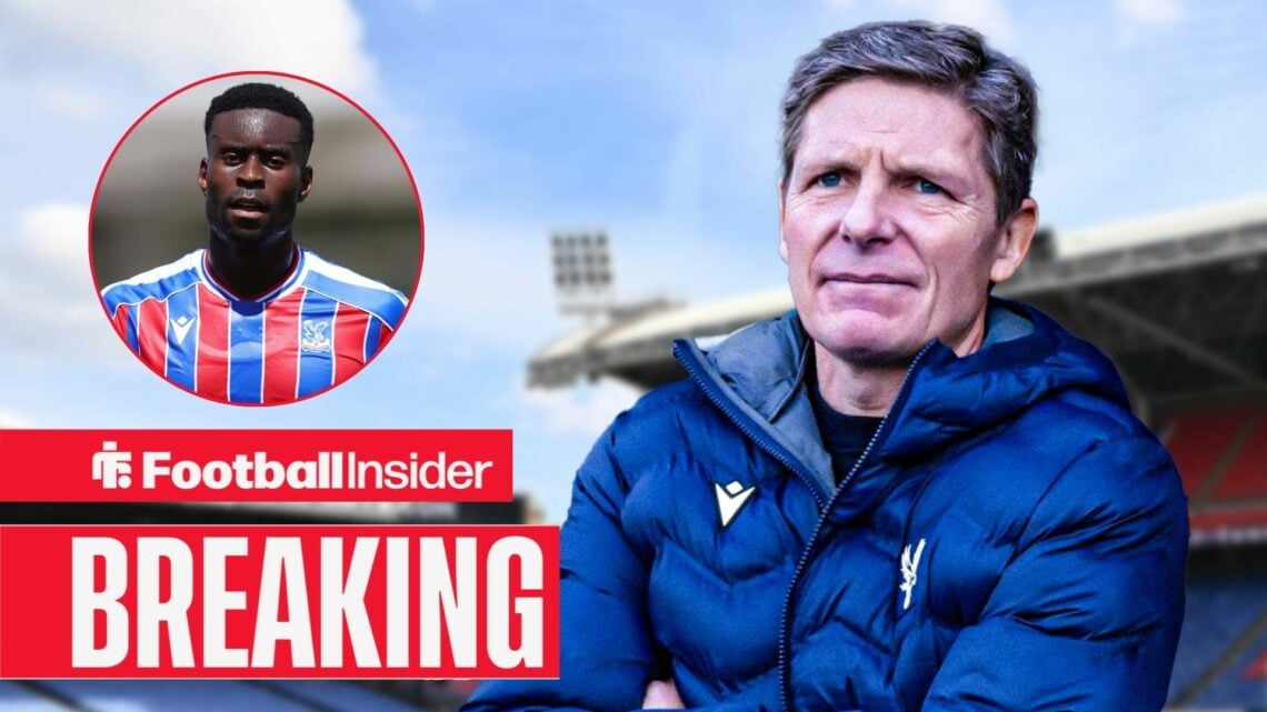 Oliver Glasner crossing his arms at Selhurst Park, Marc Guehi in a circular inset
