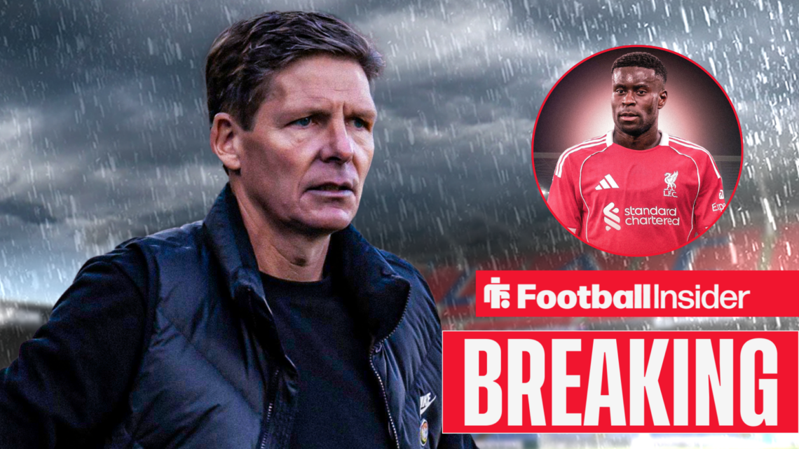 Oliver Glasner looking glum in stormy weather, Marc Guehi in a Liverpool kit in a circular inset