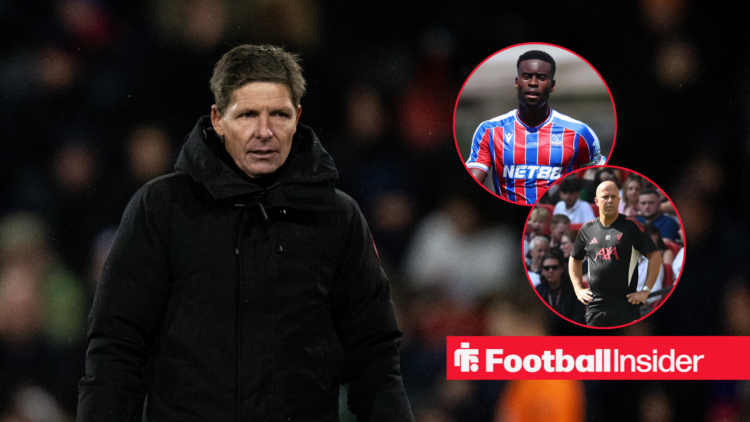 Oliver Glasner in a black coat, Marc Guehi in a red and blue Crystal Palace kit and Arne Slot in a black tracksuit in red circles