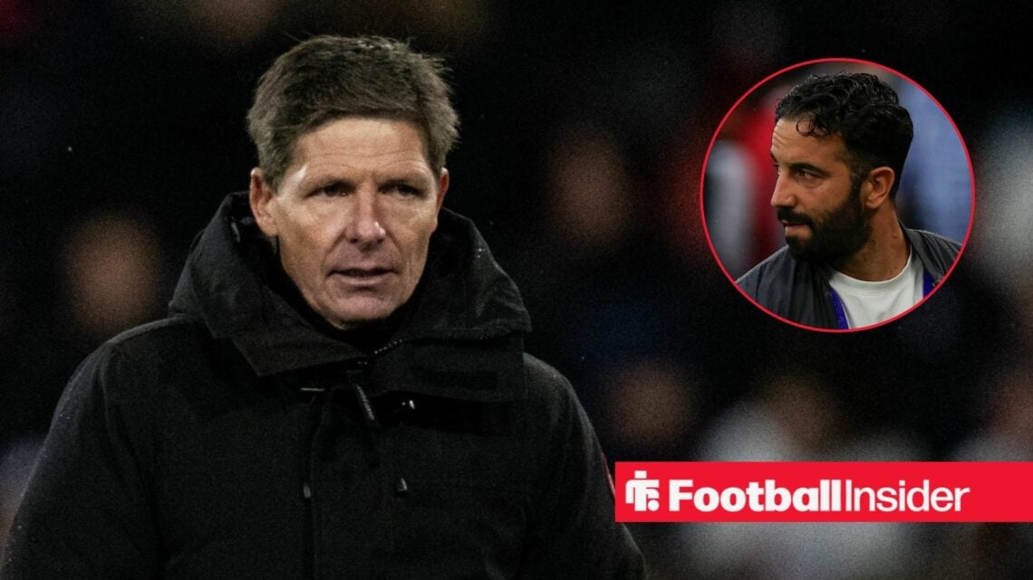 Oliver Glasner on the touchline at Crystal Palace, with Ruben Amorim in a circular inset