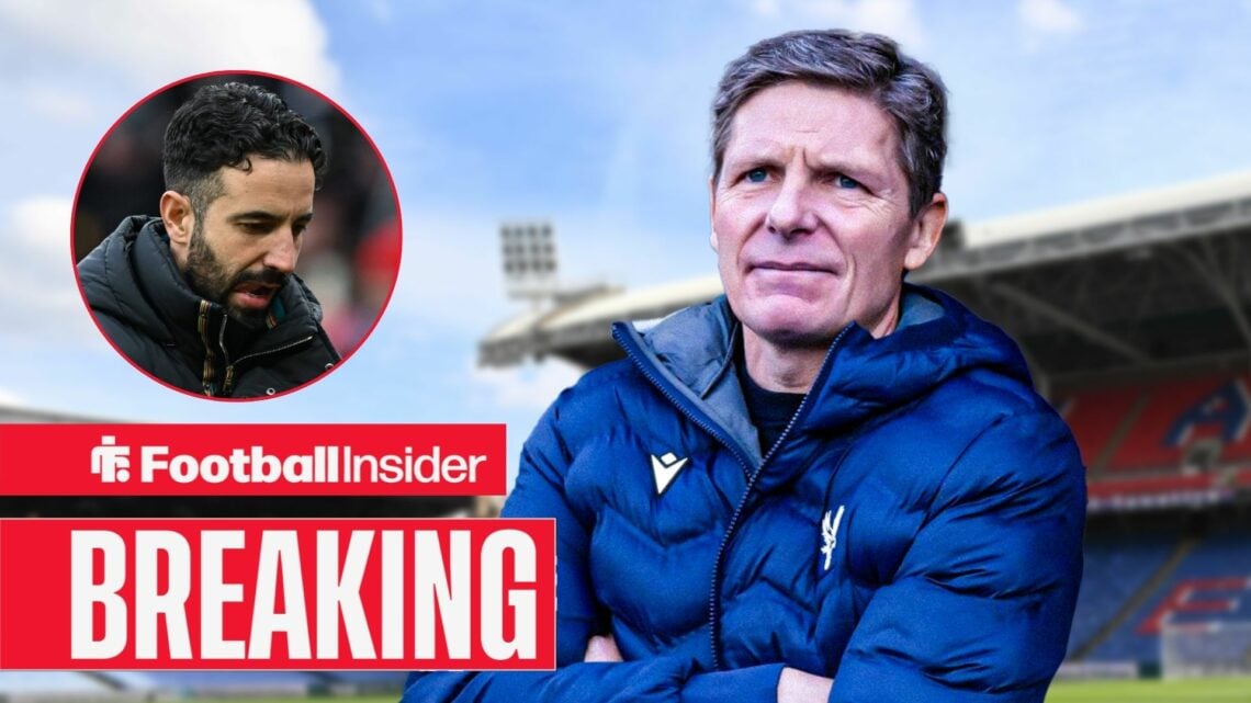 Oliver Glasner with his arms crossed at Selhurst Park, with Ruben Amorim in a circular inset