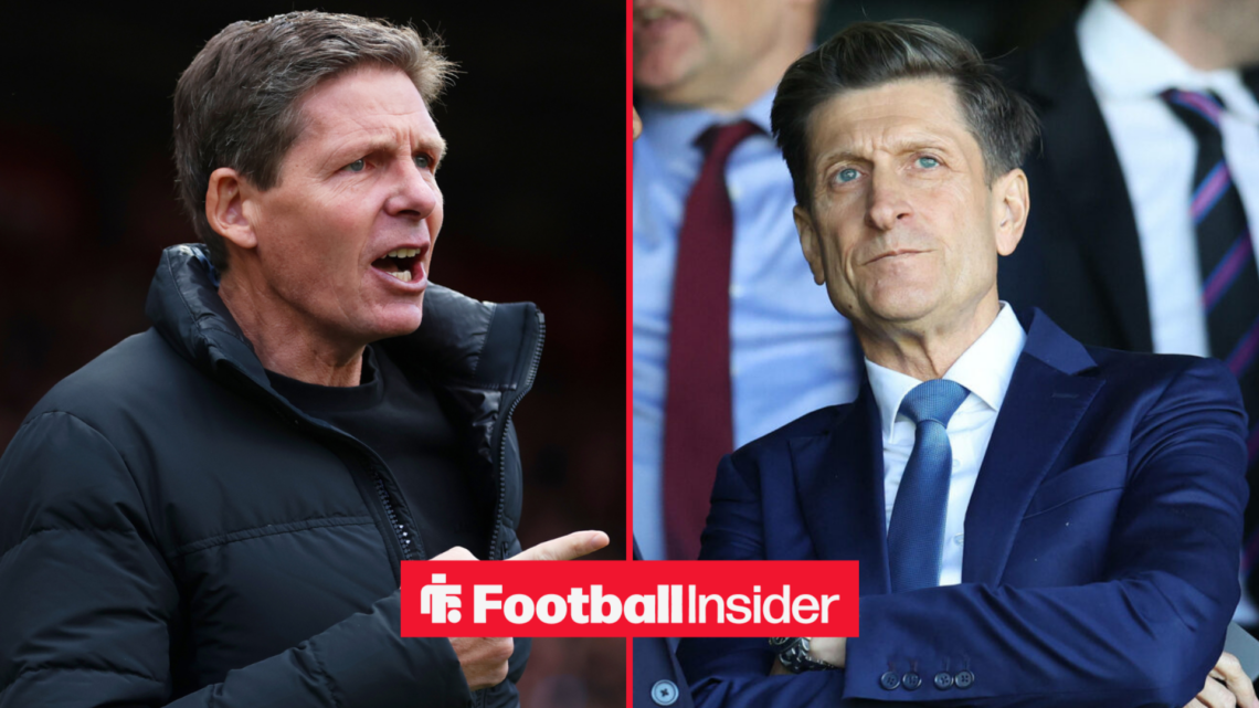 Oliver Glasner looking annoyed, with Steve Parish frustrated