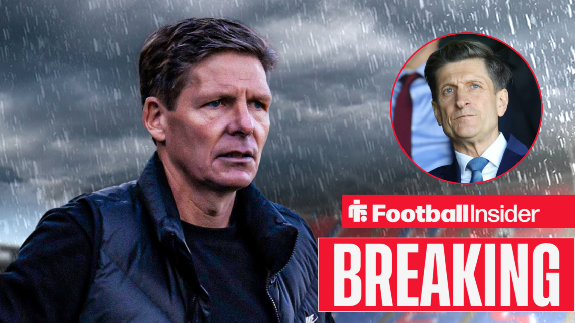 Oliver Glasner looks annoyed with dark clouds in the background, with Steve Parish pictured in a circular inset