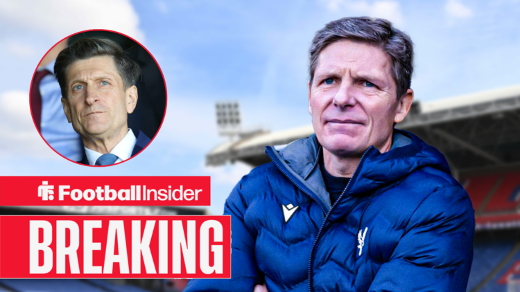 Crystal Palace manager Oliver Glasner with his arms crossed, and Steve Parish in a circular inset