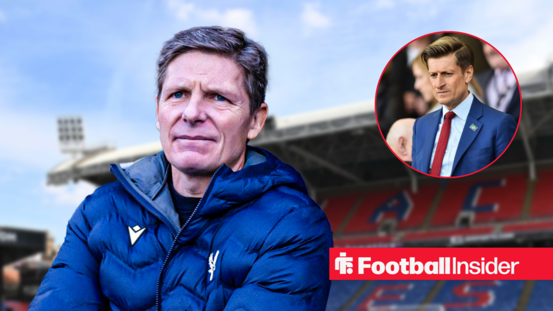Oliver Glasner stands at Crystal Palace next to an image of owner Steve Parish