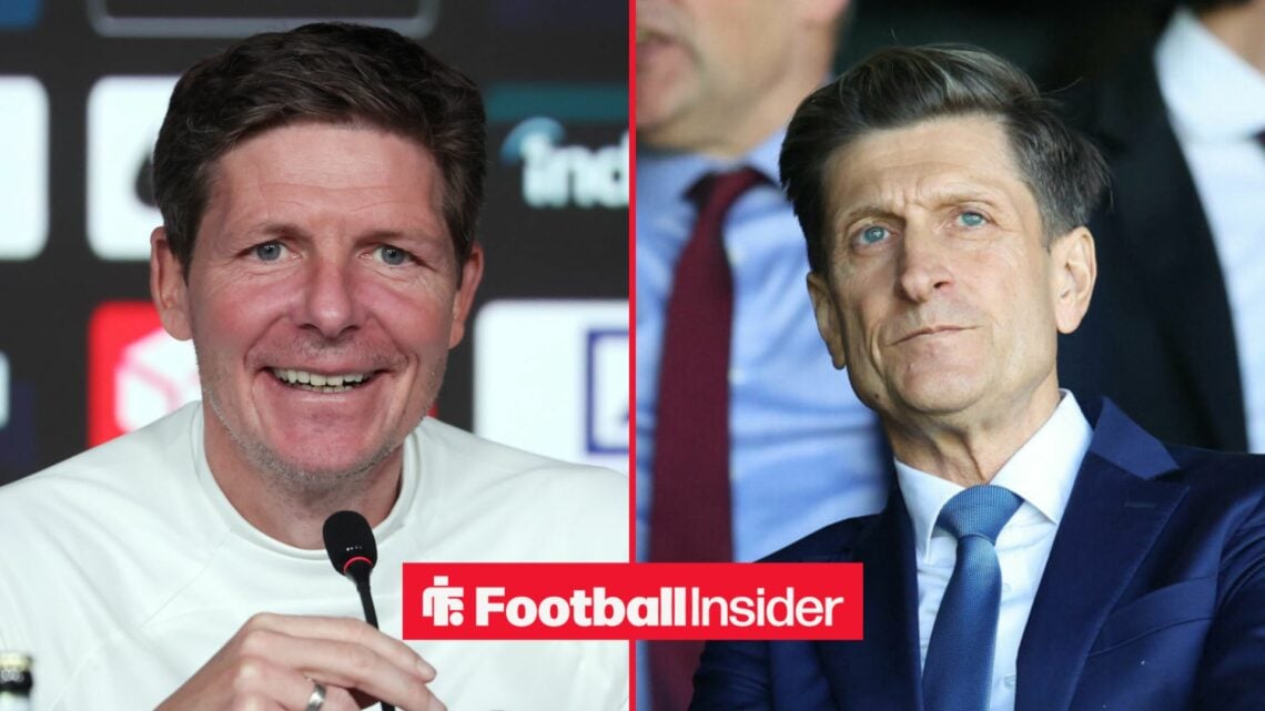 Oliver Glasner during a press conference, with Steve Parish in the stands
