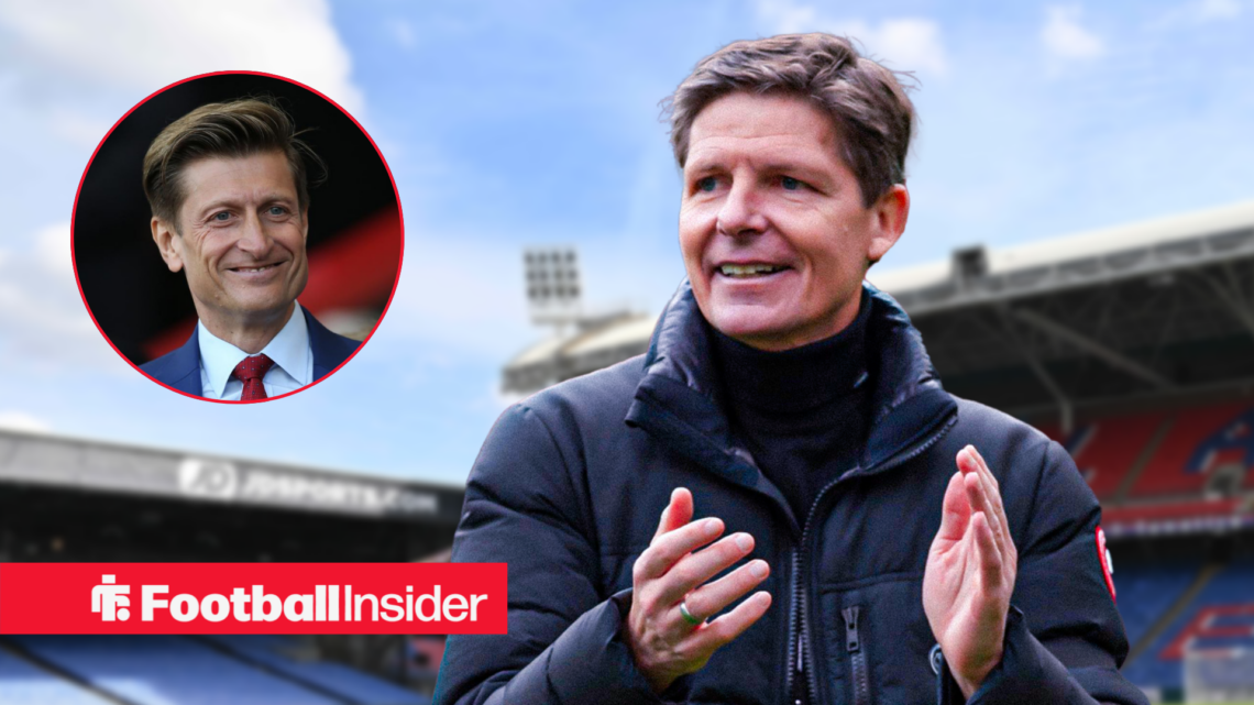 Oliver Glasner applauding at Selhurst Park, with Steve Parish in a circular inset