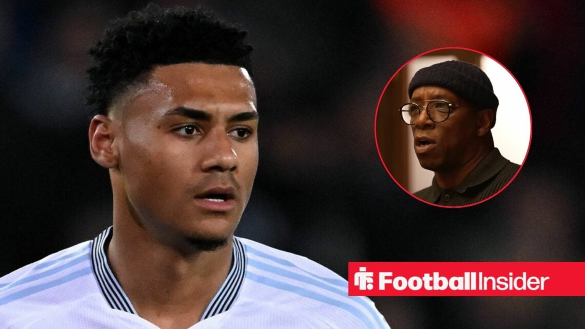 Aston Villa striker Ollie Watkins in action looking at pundit Ian Wright right inset