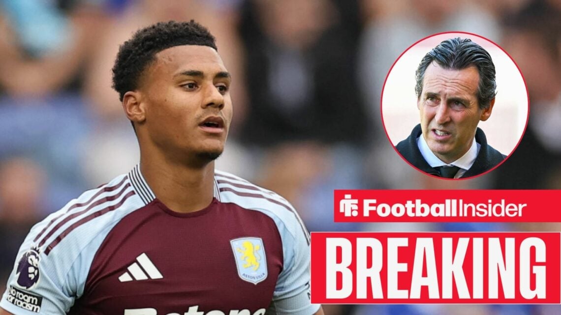 Ollie Watkins in action for Aston Villa, with Unai Emery in a circular inset