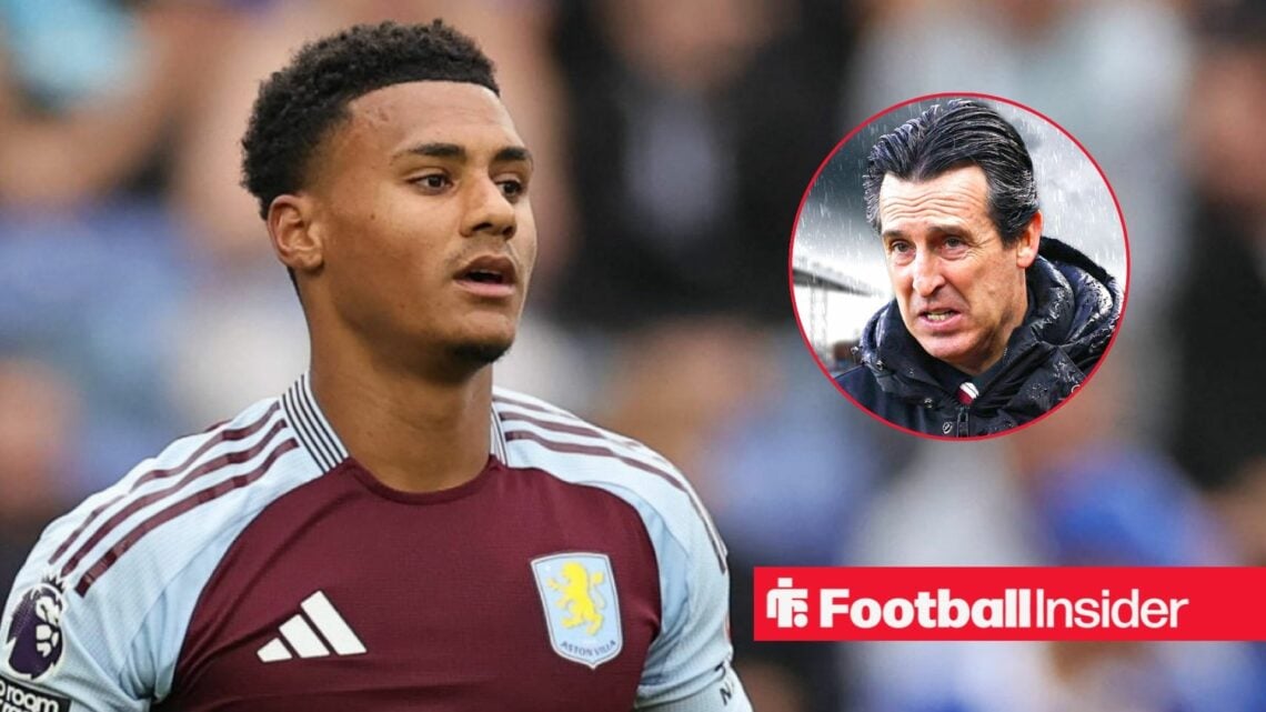 Aston Villa's Ollie Watkins in action looking at manager Unai Emery who looks upset right inset