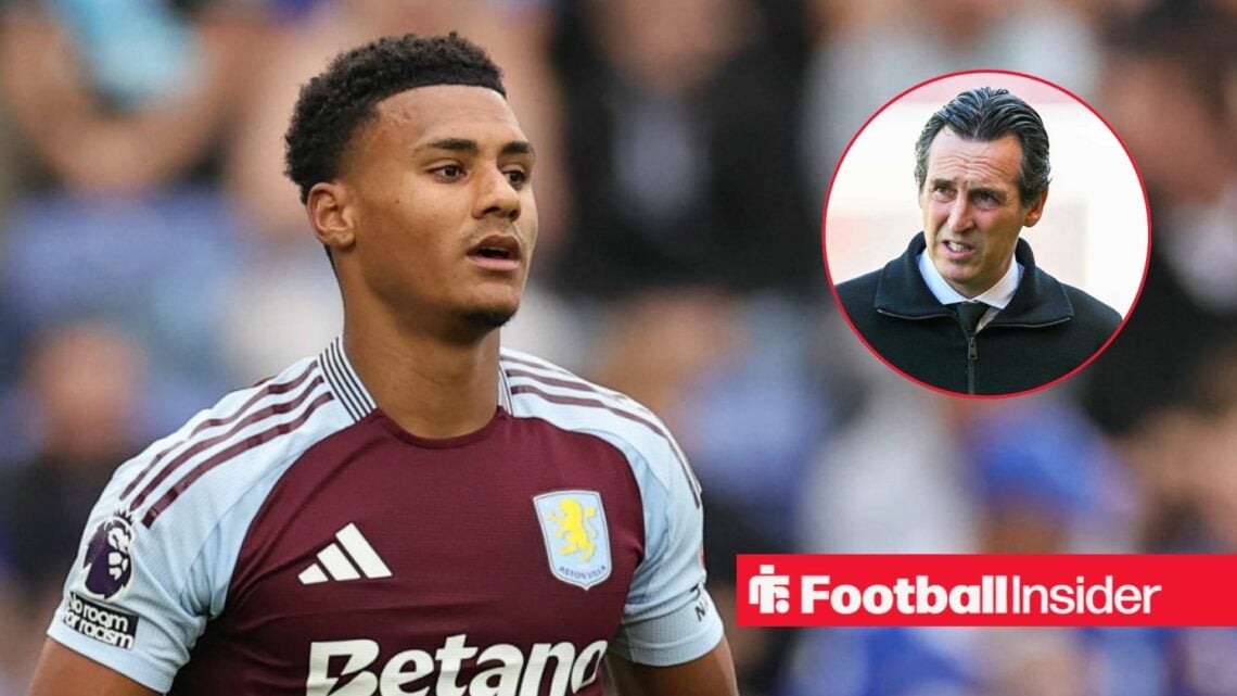 Ollie Watkins in action for Aston Villa, with Unai Emery in a circular inset
