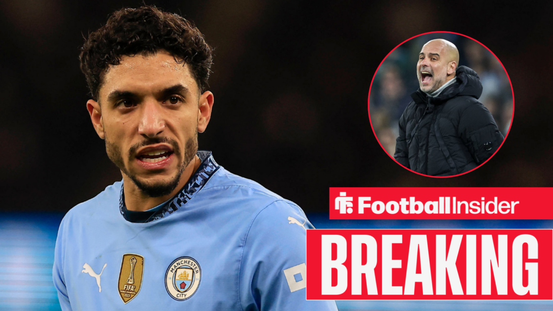Omar Marmoush in a Man City kit, Pep Guardiola shouting in a circular inset